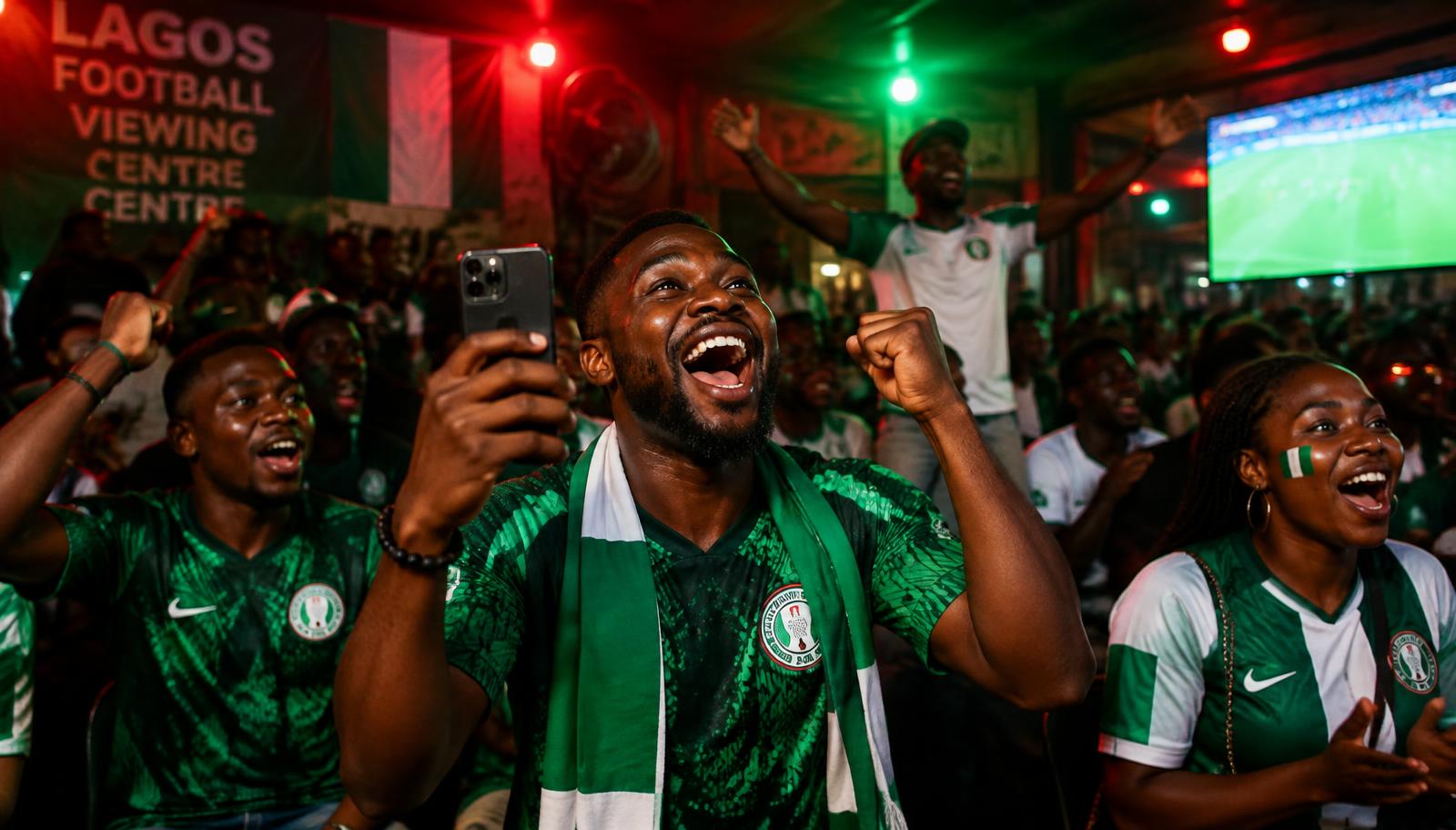 Nigerian football fans cheering at a viewing centre